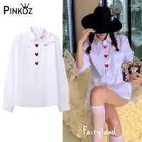 Women's Blouses Pinkoz Designer Vintage Heart Love Buttons White Blouse Women Full Sleeve Lip Red Single Breasted Shirt Highstreet Tops