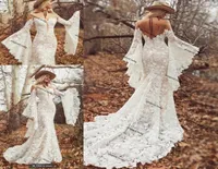Long Boho Sleeves Wedding Dresses 2021 Sheer Oneck Vintage Crochet Bold cotton Lace Bohemian Hippie Country Bride Gowns5884697