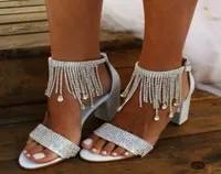 Block Heels Sparkle Crystals Tassel Wedding Shoes for Bride High Heel Open Toe Bridal Party Dress Sandals Women Shoes CL04549830163