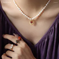 Chains Vintage Premium Baroque Freshwater Pearl Necklace For Woman With Red-Heart Agate Pendants Strand Beads Necklaces Jewelry
