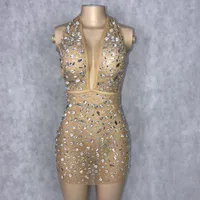 Stage Wear Shining Rhinestones Dress Sparkly Silver Crystals Transparent Dancer Birthday Celebrate Outfit Women Evening XS6066