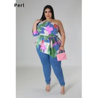 Women's Plus Size TShirt Perl Summer Casual Loose Oblique Shoulder Asymmetrical Lady Print Top Plus Size One Shoulder Shirts Summer Blouses 230325