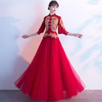 Ethnic Clothing Vintage Improved Chinese Style Cheongsam Embroidery Red Bride Wedding Dress Elegant Evening Party Qipao Vestidos