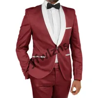 Handsome One Button Groom Tuxedos Shawl Lapel Groomsmen Man Suit Mens Wedding Prom Dinner Suits Bridegroom Jacket Pants Tie B2712
