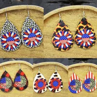 Dangle Earrings 2023 Style Water Drop PU Leopard Print Sunflower American Flag Printing Fourth Of July Jewelry Wholesale