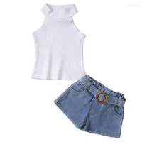 Clothing Sets 2Piece Summer Kids Clothes Girls Boutique Outfits Fashion Solid Sleeveless T-shirt Tops Denim Shorts Baby Clothiing Set BC2225