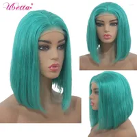 Real Hair Brazilian Human Lace Front Bob Wigs Straight Lake Blue Pre Plucked Hairline Middle Part Wig