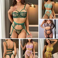Ready Stock S-L Women Sexy lingerie Set See-Through Eyelashes Mesh Transparent G-Strings Underwear Nightwear Three Pieces Lace Sui2887