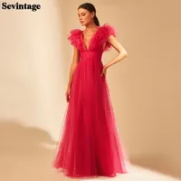 Party Dresses Sevintage Simple Ruffles Tulle Prom Dresses Cap Sleeves Vneck Formal Prom Party Gowns Backless Long Women's Evening Dress 230325