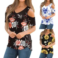 Women's Blouses Women Summer Casual Tee Shirt Off Shoulder Short Sleeve Floral Printed V Neck Top Ladies Daily Loose Pullover Blouse