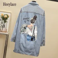 Women's Plus Size Outerwear Coats Plus Size 5XL Denim Jackets For Women printing Turndown Collar Casual Long Loose Single Breasted Blue Jeans Coat 230325