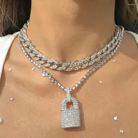 Pendant Necklaces 2 PCS Rhinestone Hip-Hop Cuban Chain Padlock Necklace Choker Jewelry For Women Men Crystal Punk Double Layer