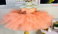 2021 Orange Crystals Tutu Flower Girl Dresses Ball Gown Knee Length Tulle Lilttle Kids Birthday Pageant Weddding Gowns ZJ5971202052