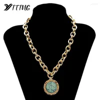 Chains Vintage Punk Miami Round Coin Pendant Choker Necklace Green Stone Blue Crystal Dangle Thick Chain Long Jewelry