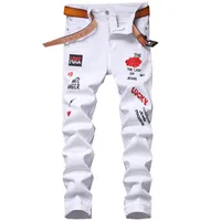 Men's Jeans 2023 Men Punk White Slim Embroidery Rose Letter Male Denim Pants Trousers Casual High Street Hiphop Amazing Clothing