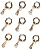 Fashion Black Frosted Wooden Bead Bracelet Keychain key chain Pattern Tassel Pendant Bracelets Women Girl Key ring keyring Wrist S6161755