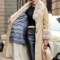 Women's Leather Women's & Faux Genuine Natural Down Coat Women Luxury Fur Collar Sheepskin Overcoat Winter Warm Ladies Elegant Sashes