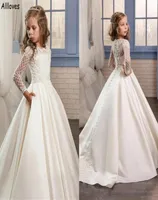 Ivory Satin A Line Flower Girl Dresses For Wedding Appliqued Lace Long Sleeves Jewel Neck Kids Todder Formal Party Birthday Gowns 5386356