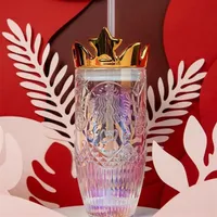 The New Starbucks Valentine's Day dazzle colour Crown glass straw cup 430ML Relief Mermaid logo Coffee mug 18oz Ice cup251r