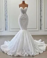 Fancy Pearls Mermaid Wedding Dresses Lace Appliques Spaghetti Straps Bridal Gown Custom Made Sleeveless New Design Wedding Gowns3995105