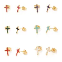 Stud Earrings 316 Stainless Steel Religious Ear Post Gold Color Multicolor Glitter Cross Enamel For Women 9.7mm X 6.6mm 1 Pair