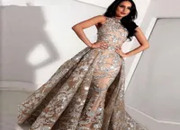 Long Grey Champagne Lace Mermaid High Neck Arabic Prom Dresses kaftan Dubai Formal Evening Gowns with Detachable Skirt2504012