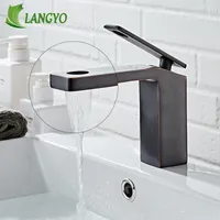 Bathroom Sink Faucets LANGYO Hollow Design Waterfall Chrome Black Ancient Brushed Basin Faucet &Cold Water Wash Mixer Tap BR-2023A136