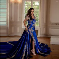 Party Dresses Royal Blue Luxury Arabic Evening Long 2023 One Shoulder Gold Appliques Elegant For Women Formal With Train EV227