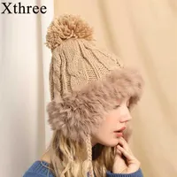 Xthree Knitted Winter Ear flaps Caps Women Rabbit Fur Bomber Hat Ear Flap Cap Casual Winter Trapper Hats Female Russian Hats G0923227F