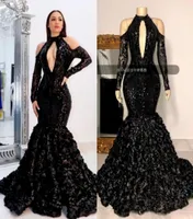 NEW 2022 Black Tiered Skirts Prom Dresses African High Neck 3D Lace Flowers Sequined Evening Gowns Plus Size Reflective Dress V5218115
