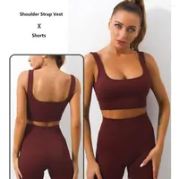 Active Sets 2pcs Set Sport Suits Ribbed High Waist Nylon Yoga Clothes Sleeveless Seamless Breathable Solid Color For Women Fitness Wear