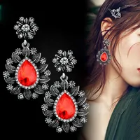 Dangle Earrings SINLEERY Vintage Red Black Blue Teardrop Stone Women Antique Silver Color Flower Mixed Style Jewelry ES056 SSB