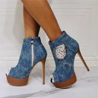 Sandals Fashion Design Side Zipper High Platform Women Shoes Stiletto Super Heel 15cm Denim Heels Pole Dancing