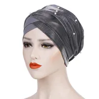 Helisopus Muslim Headdress Turban Cap for Women Solid Beads Hijabs Bonnet Arab Wrap Head Scarf Islamic Turbantes Accessories332O