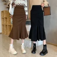 Skirts Lucyever Fashion High Waist Midi Skirts for Women Spring Slim Fit Hip Mermaid Skirt Woman Korean Ruffles Brown Skirts 2XL 230327