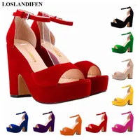 Sandals 2023 Women Chunky High Heels Gladiator Summer Open Toe Solid Flock Ladies Casual Shoes Woman Buckle Strap Pumps Platform