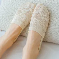 Women Socks Lace Short Transparent Elastic Ultrathin Thin Cool Invisible Cotton Sole Non-Slip Antiskid Slippers Sock