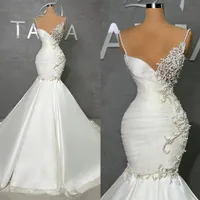 Gorgeous Mermaid Wedding Dresses Spaghetti Art Deco-inspired Neck Pearls Applicants Beads Satin Zipper Court Gown Custom Made Plus Size Bridal Vestidos De Novia