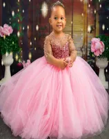 Pink Crystals Flower Girl Dresses Sheer Neck Long Sleeves Little Girl Wedding Dresses Cheap Communion Pageant Dresses Gowns F2185675141