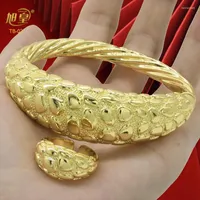 Bangle Dubai Charm Gold Color Bangles With Ring Copper Alloy Jewelry For Ladies Gentlemen African Arabic Bracelet Gift Wholesale