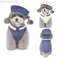 Dog Apparel 2022 Summer Dog Dress sailor skirt hat Cat Puppy Clothing Dresses Yorkshire Terrier Pomeranian Dog Clothes Bichon Poodle Costume AA230327