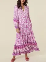 Casual Dresses Vintage Women Long Sleeve Pink Floral Print Button Beach Bohemian Maxi Dress Lady Rayon Summer Boho Dresses Robe
