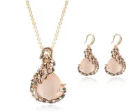 Vintage Rhinestone Bridal Jewelry New Fashion rose Gold Opal Crystal Peacock Necklace Earrings Wedding jewellery Set for women5816222