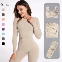 Yoga Outfits Seamless Yoga Suit Sports Set Gym Clothes Fitness Women Long Sleeve Crop Top High Waist Leggings Ribbed Workout Set Tracksuits 230327