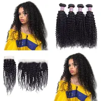 Brazilian Virgin Kinky Curly Human Hair Weaves Unprocessed Peruvian Indian Hair Bundles With Closure Frontal Remy Hair Extensions 242G