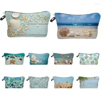 Cosmetic Bags Zipper Closure Portable Bag With Hanging Hole Polyester Seashell Starfish Print Large Capacity Toiletry For Travel
