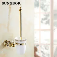 Luxury Golden European style Brass Crystal Toilet Brush Holder Gold Plated Toilet brush Bathroom Products Bathroom Accessories Y20278H