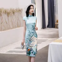 Ethnic Clothing FZSLCYIYI Women's Green Handmade Button Cheongsam Beautiful Mid-length Qipao Chinese Print Oversize 3XL Dress