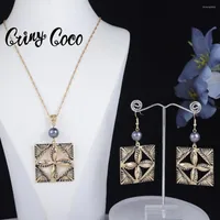 Necklace Earrings Set Cring Coco Hawaiian Polynesia Chocolate Color Pearl Metal Pendent For Women Mom Gifts