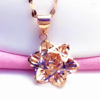 Chains 585 Purple Gold Plated 14K Rose Shiny Flower Neckalce For Woman Ball Bead Pendant Light Luxury Fashion Wedding Jewelry